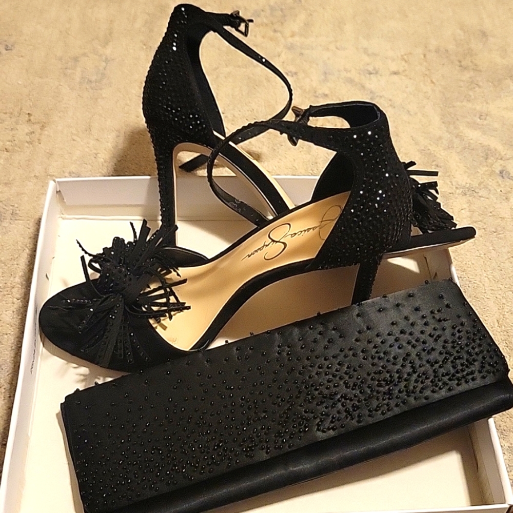 Fancy party shoes with satin beaded purse